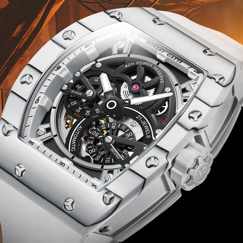 Rubber Strap Diver - BONEST GATTI メンズ機械式時計 トノー型カーボンファイバーケース ラバーストラップ スモールセコンドダイヤル