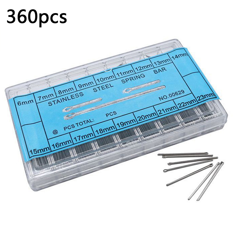 Spring Bar Tool Set - ダブルフランジ付きステンレス鋼時計ピン、時計バンドストリップ、ボルトスプリングバー、スプリットピン、6mm-23mm、ボックス、360個