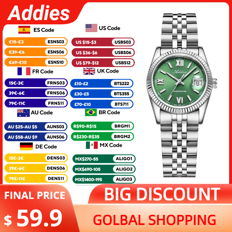 Stainless Bracelet Diver - Addies 高品質高級腕時計女性用サファイアガラス 316L ステンレス鋼 BGW9 発光
